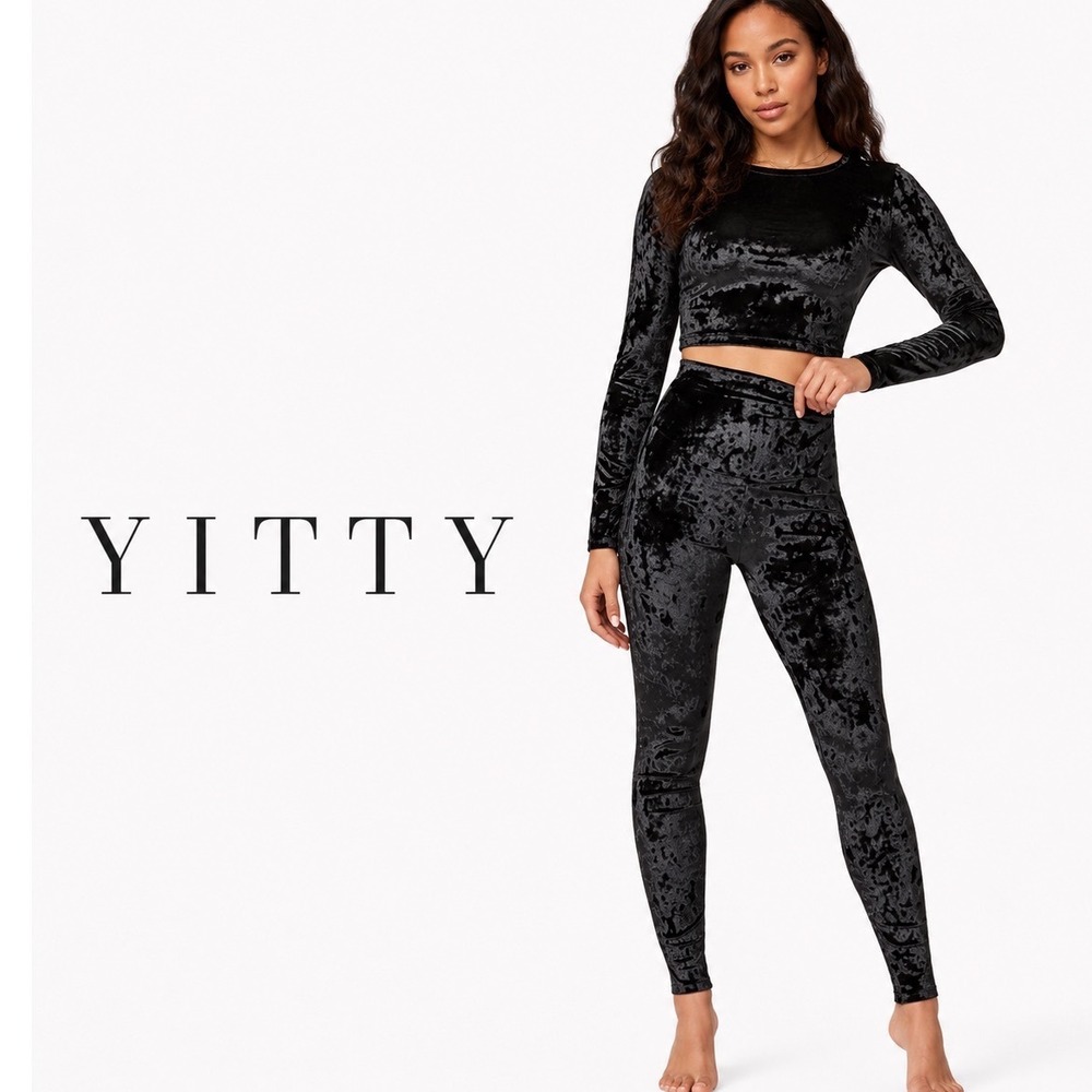 Yitty Black Crushed Velvet Leggings High Rise Stretch Athleisure Loungewear XS